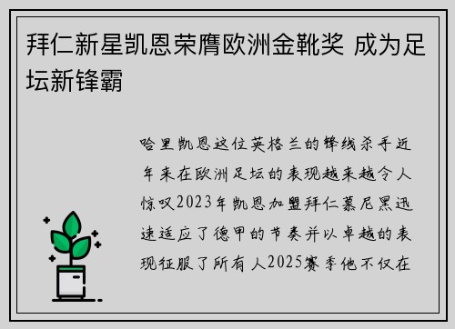 拜仁新星凯恩荣膺欧洲金靴奖 成为足坛新锋霸 拜仁新星凯恩荣膺欧洲金靴奖 成为足坛新锋霸